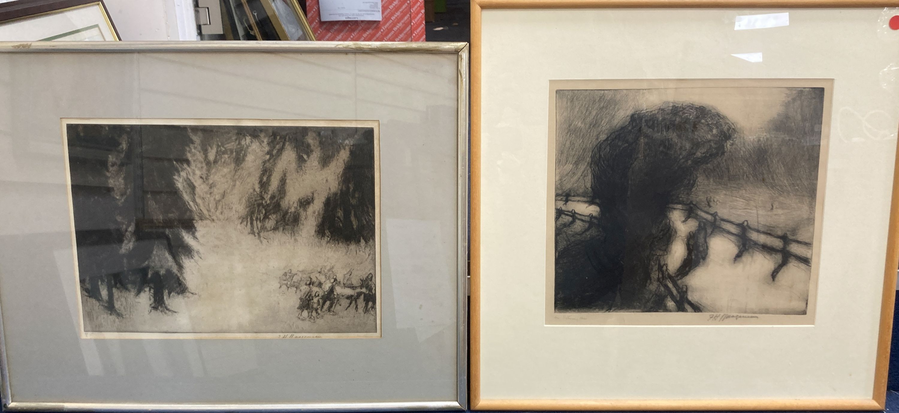 Modern British, two etchings, ‘Winter Trail’ & 'Returning Home', indistinctly signed, 30 x 41cm.